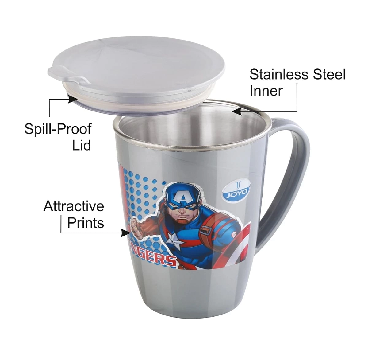Joyo Marvel Avengers Latte Milk & Tea Stainless Steel Mug for Kids with Cartoon Print Mug for Kids with Lid, 240ml, Grey, 3Yrs+