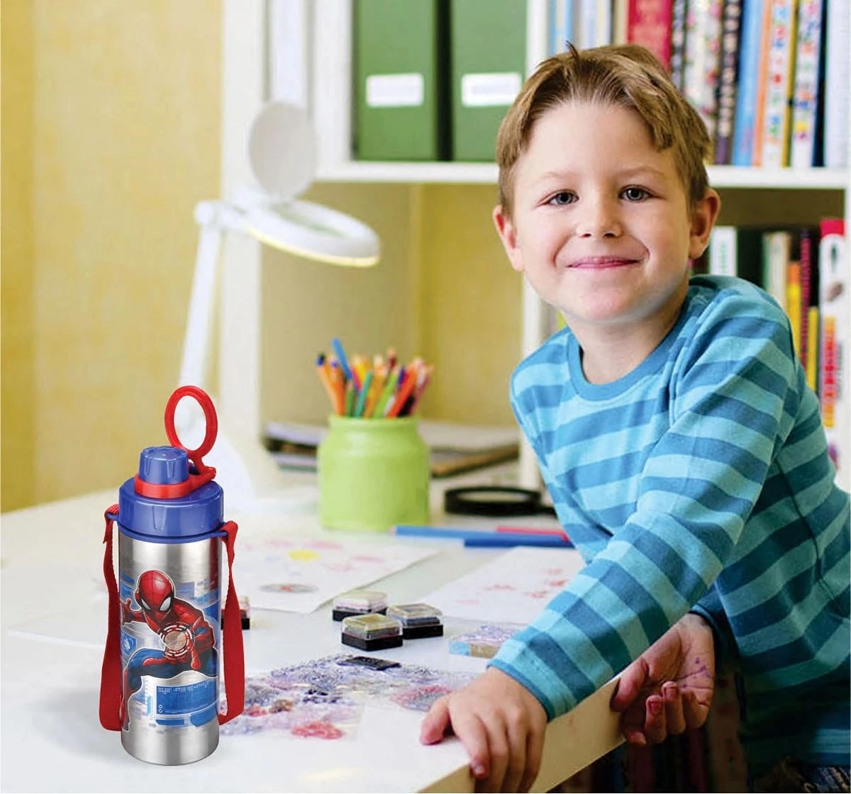 Marvel Spiderman Racer Bottle by Joyo With Belt Stainless Steel Insulated Water Bottle by Joyo for Kids of Ages 3Yrs+, 600 ML, Silver