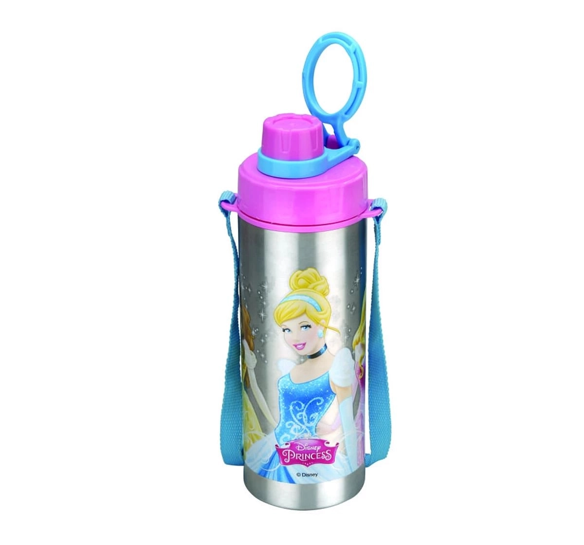 Disney Princess Racer Bottle by Joyo With Belt Stainless Steel Insulated Water Bottle by Joyo for Kids of Ages 3Yrs+, 600 ML, Silver