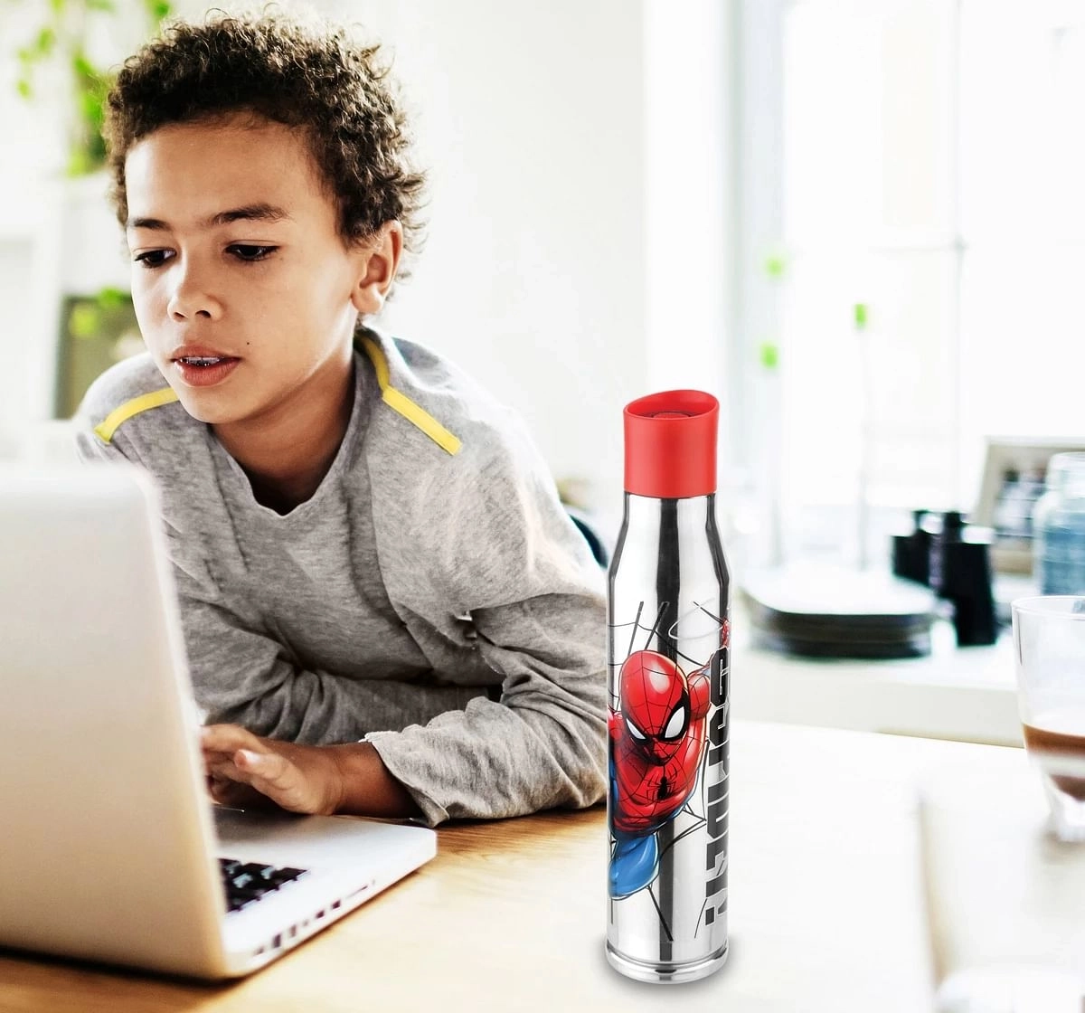 Marvel Spiderman Marathon Stainless Steel Insulated Water Bottle by Joyo for Kids of Ages 3Yrs+, 900ml, Silver