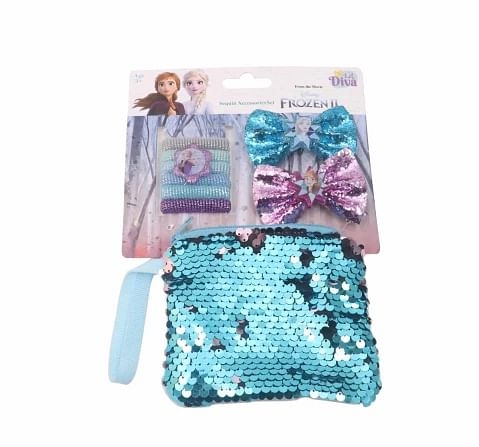 Disney Frozen II Sequin Hair Accessories Pack of 8 by Li'l Diva, 2 Bows, 6 Rubber Bands And A Sequin Pouch for Girls 3 Years and Above