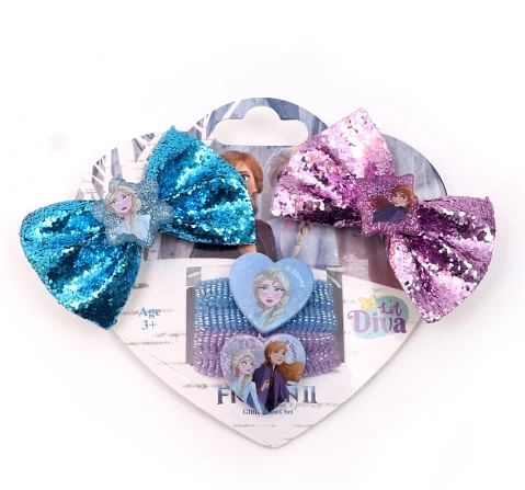 Diva Disney Frozen II Pack of 6 by Li'l Diva Glitter Bows Set of 2 And 4 Rubber Bands for Girls 3 years And Above