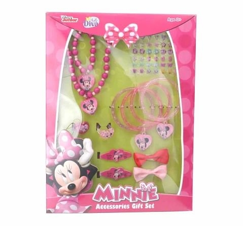 Minnie Mouse Fashion Accessories Set Of 12pcs - 1 Necklace, 1 Bracelet, 4 Bangles, 4 Clips and 2 Rings for Girls 3 Years And Above