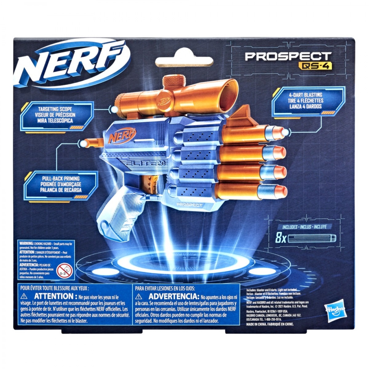 Nerf Elite 2.0 Prospect Qs-4 Blaster, 8 Official Nerf Elite Darts, 4-Dart Blasting, Nonremovable Targeting Scope, Pull-Back Priming, 8Yrs+