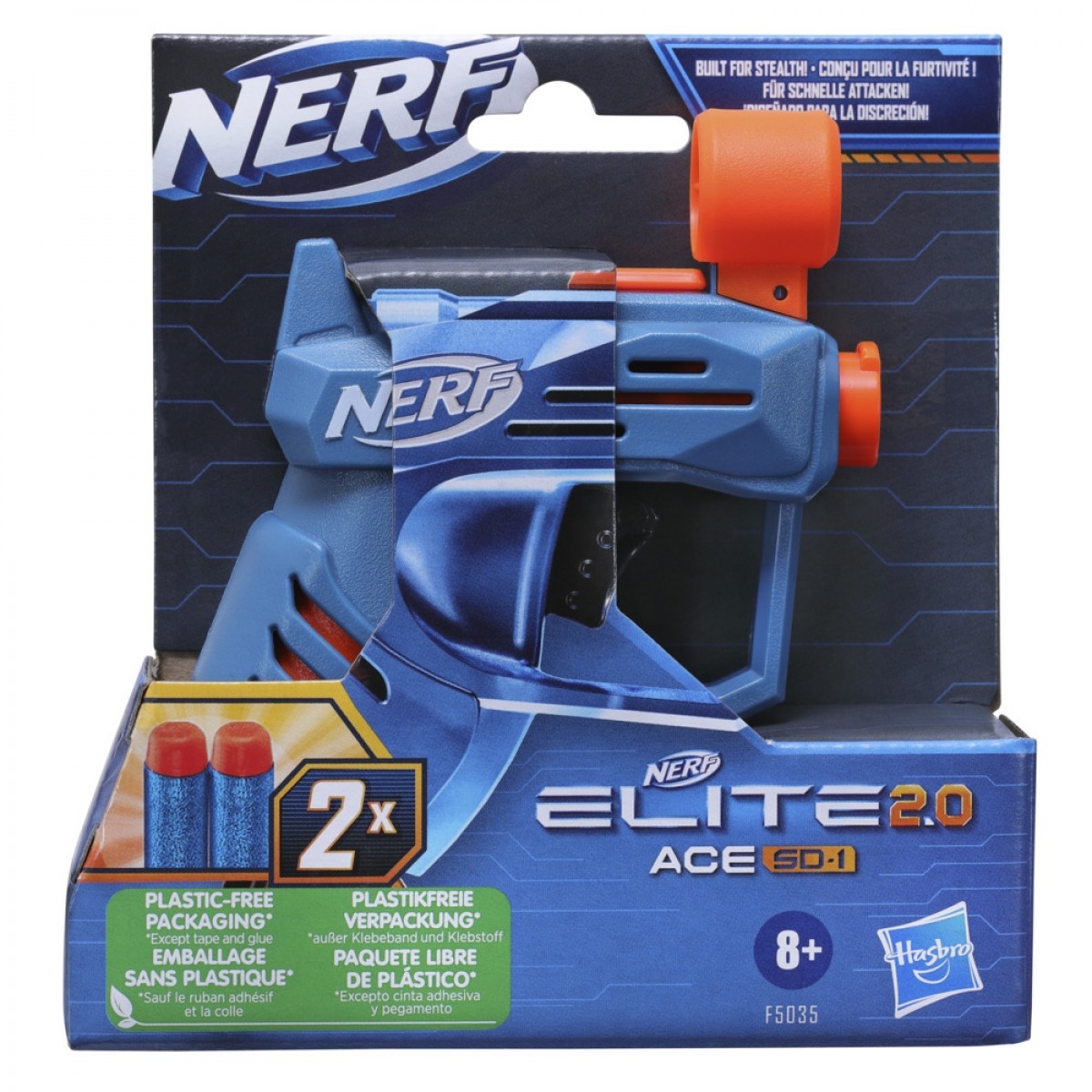 Nerf Elite 2.0 Ace Sd-1 Dart Blaster, 2 Nerf Elite Darts, Pull Down Priming, Nerf Blasters, Kids Outdoor Toys For 8 Yrs+