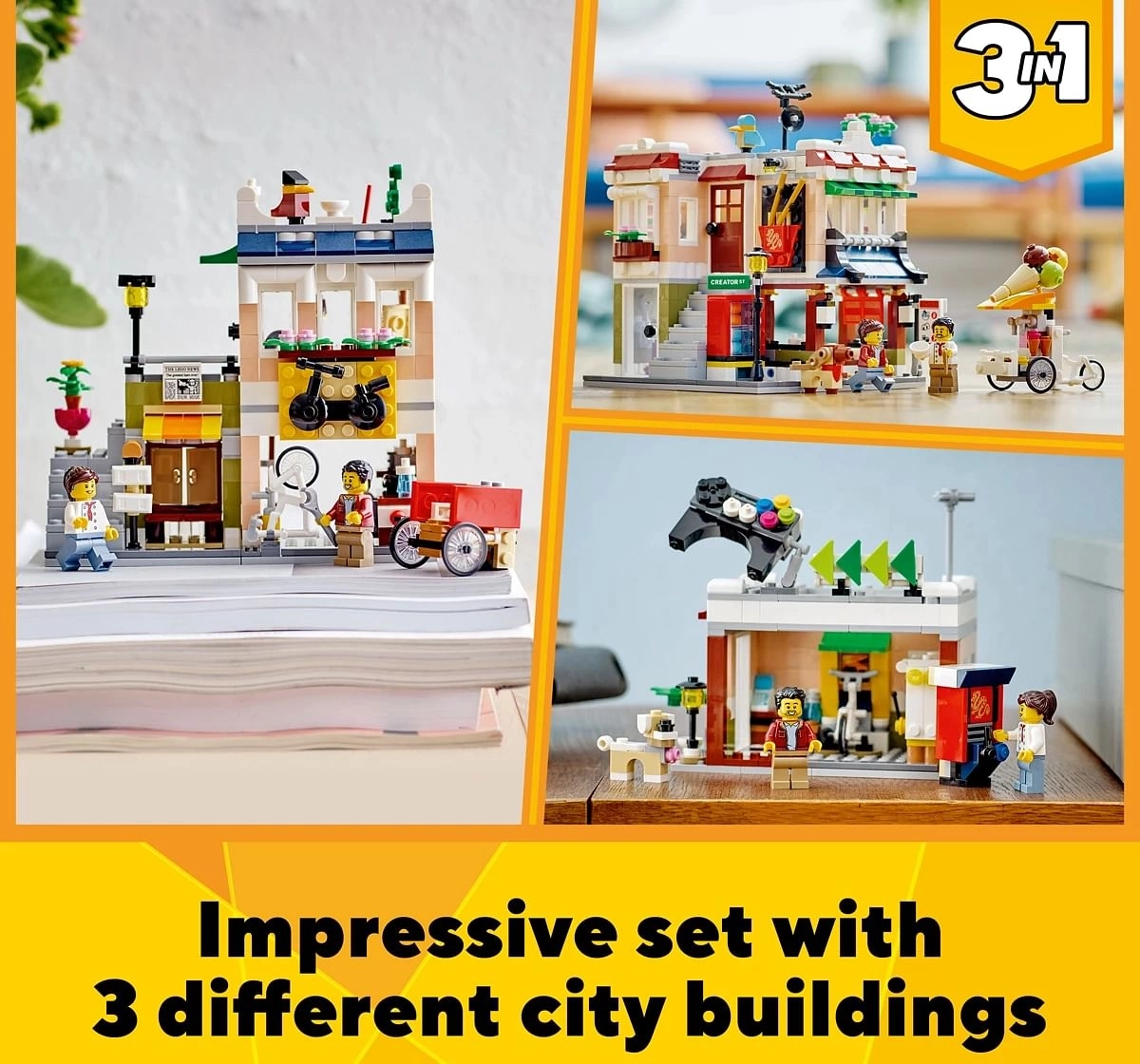 Lego Creator 3in1 Downtown Noodle Shop Building Toy Set for Boys, Girls and Kids Ages 8+  Features a Townhouse, Bike Shop or Arcade (569 Pieces)