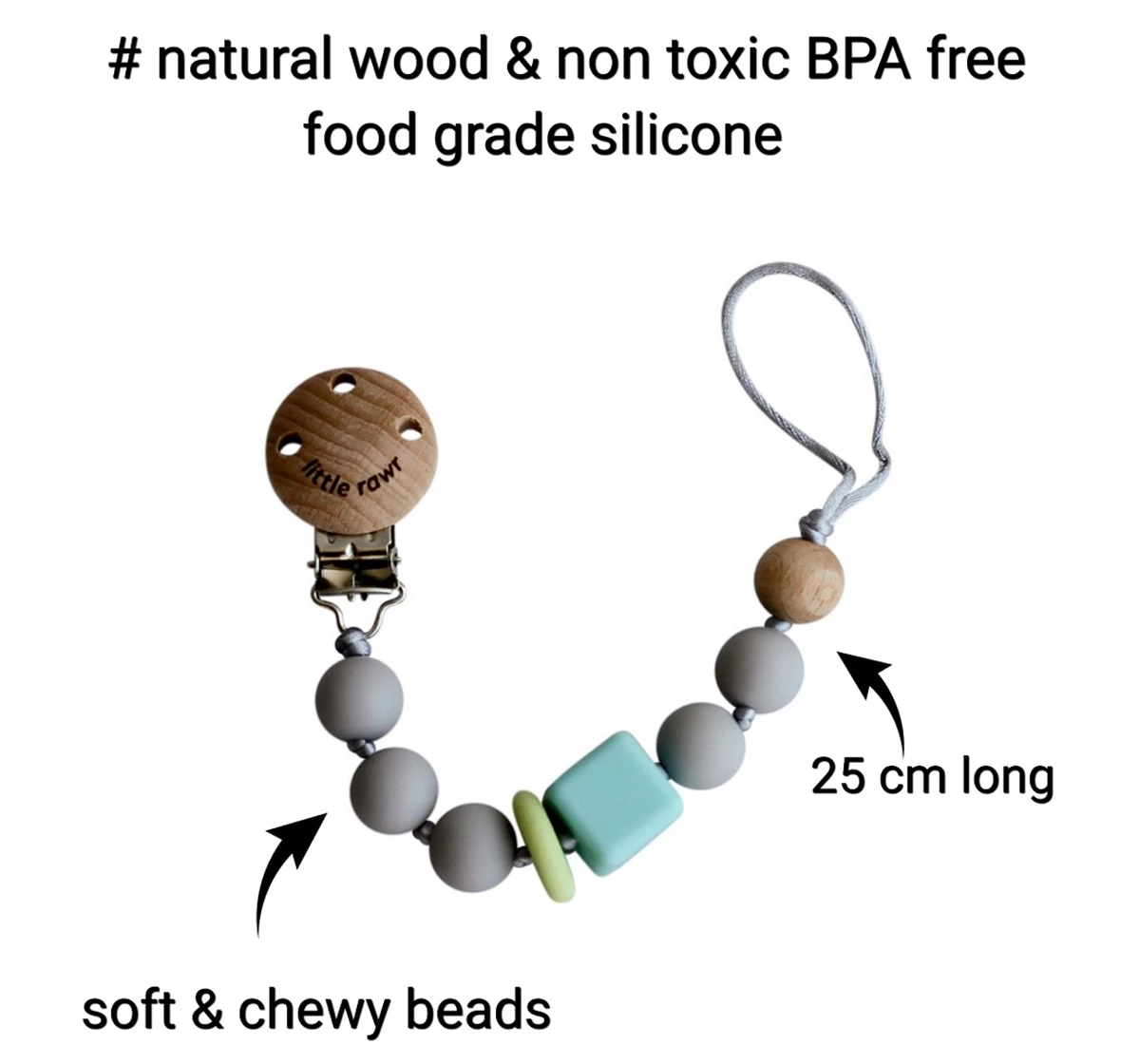 Little Rawr Silicone Pacifinder Beads with Clip Holder Grey 18M+