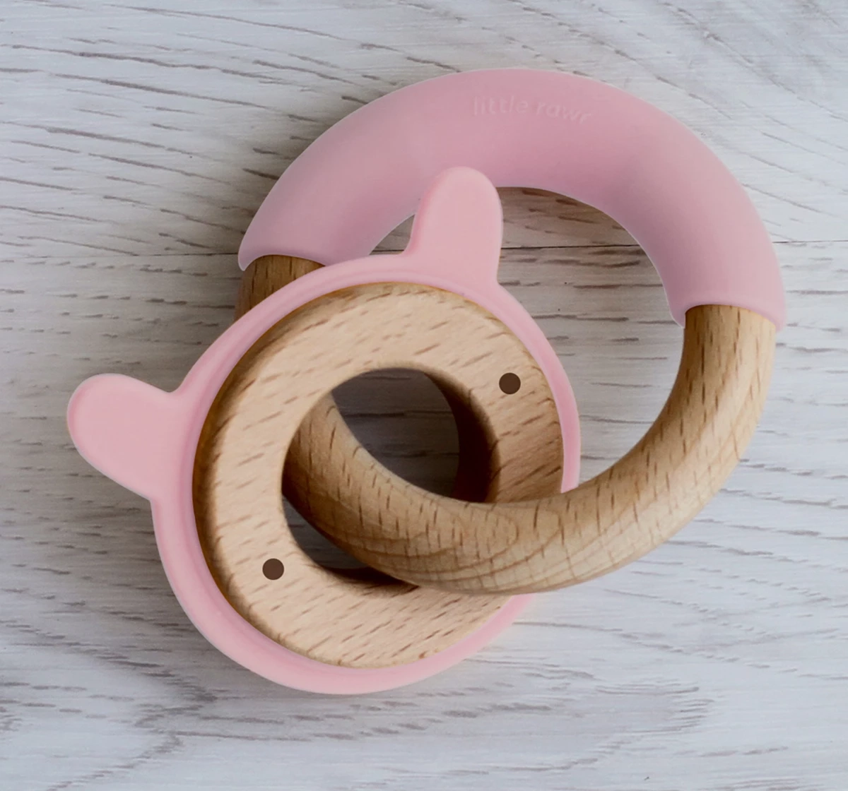 Little Rawr Wood Silicone Disc & Ring Teether Pink 18M+