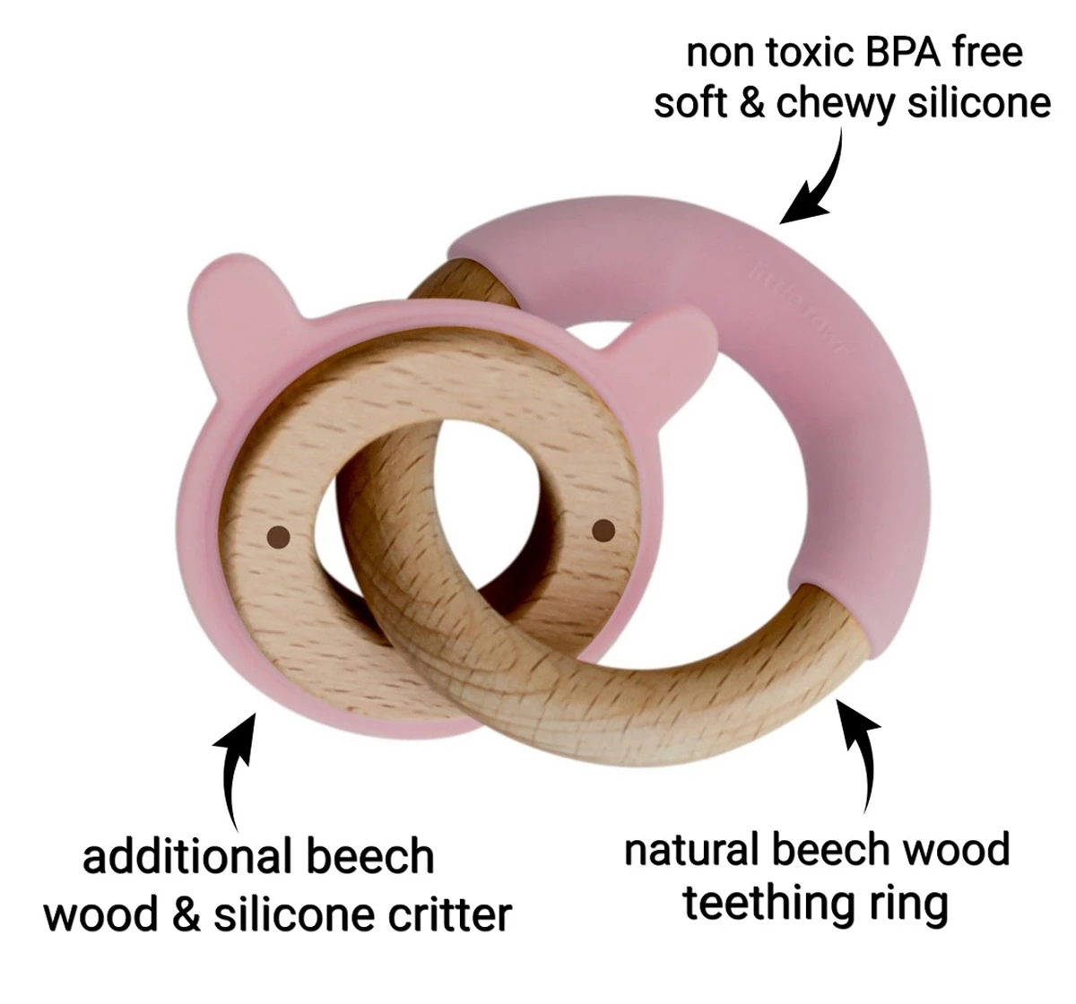 Little Rawr Wood Silicone Disc & Ring Teether Pink 18M+