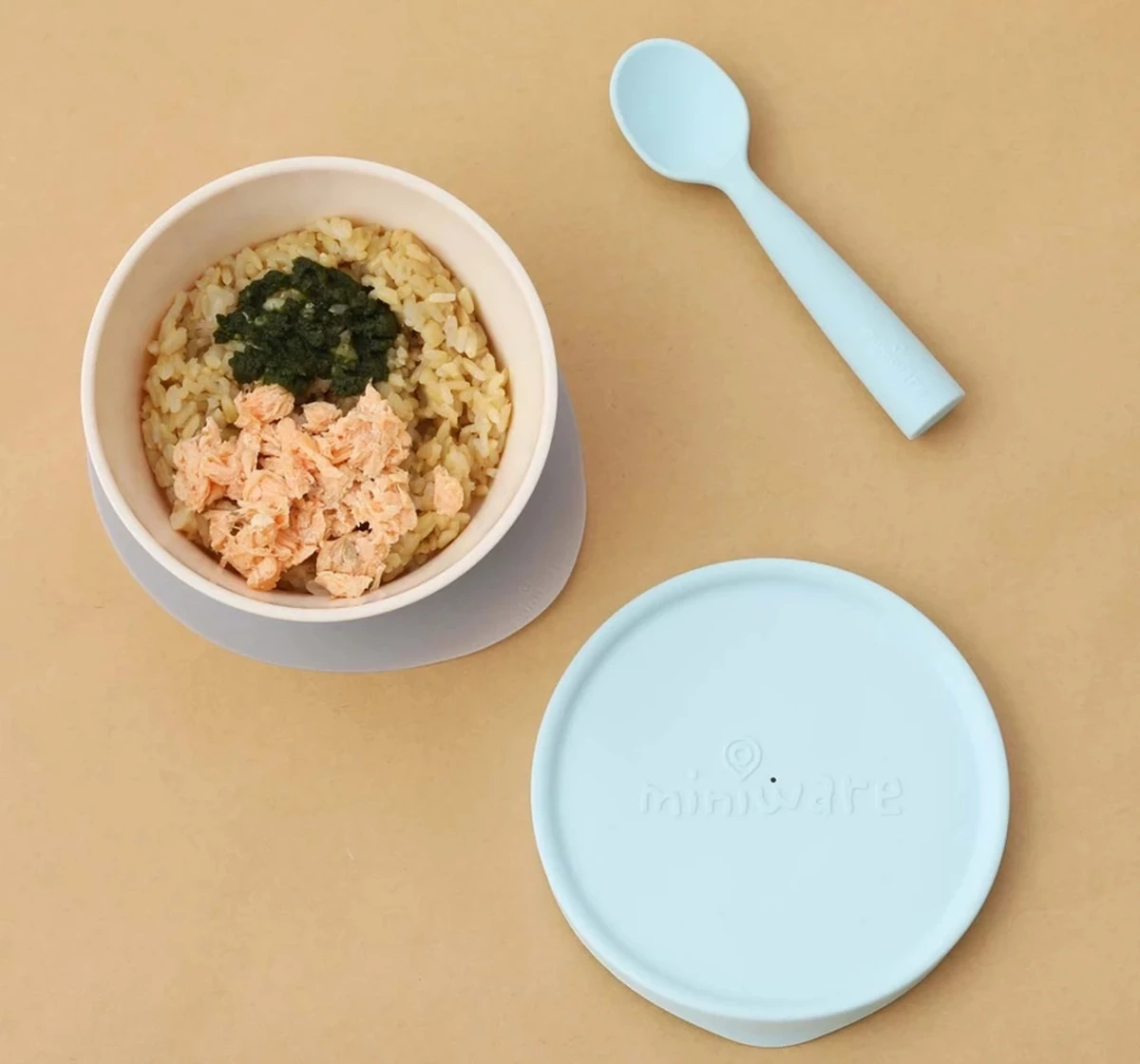Miniware First Bite Suction Bowl With Spoon Feeding Set Aqua 18M+