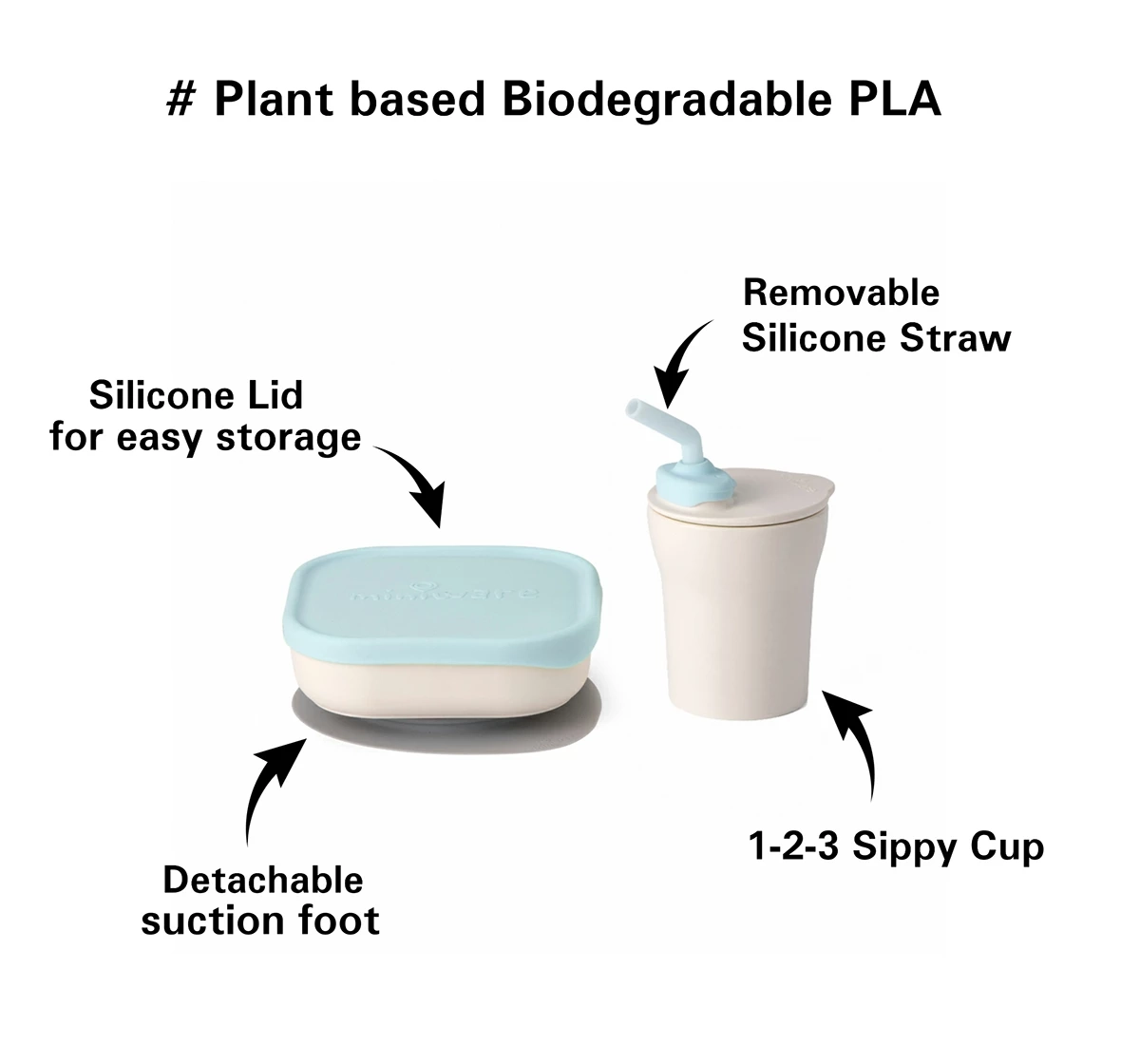 Miniware Sip & Snack Suction Bowl with Sippy Cup Feeding Set Aqua 18M+
