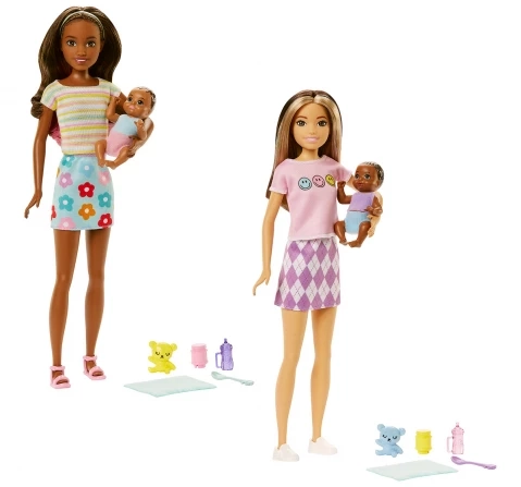 Barbie Dolls and Accessories, Brunette Skipper Doll with Baby Figure and 5 Accessories, Babysitters Playset, Kids for 3Y+, Multicolour, Assorted