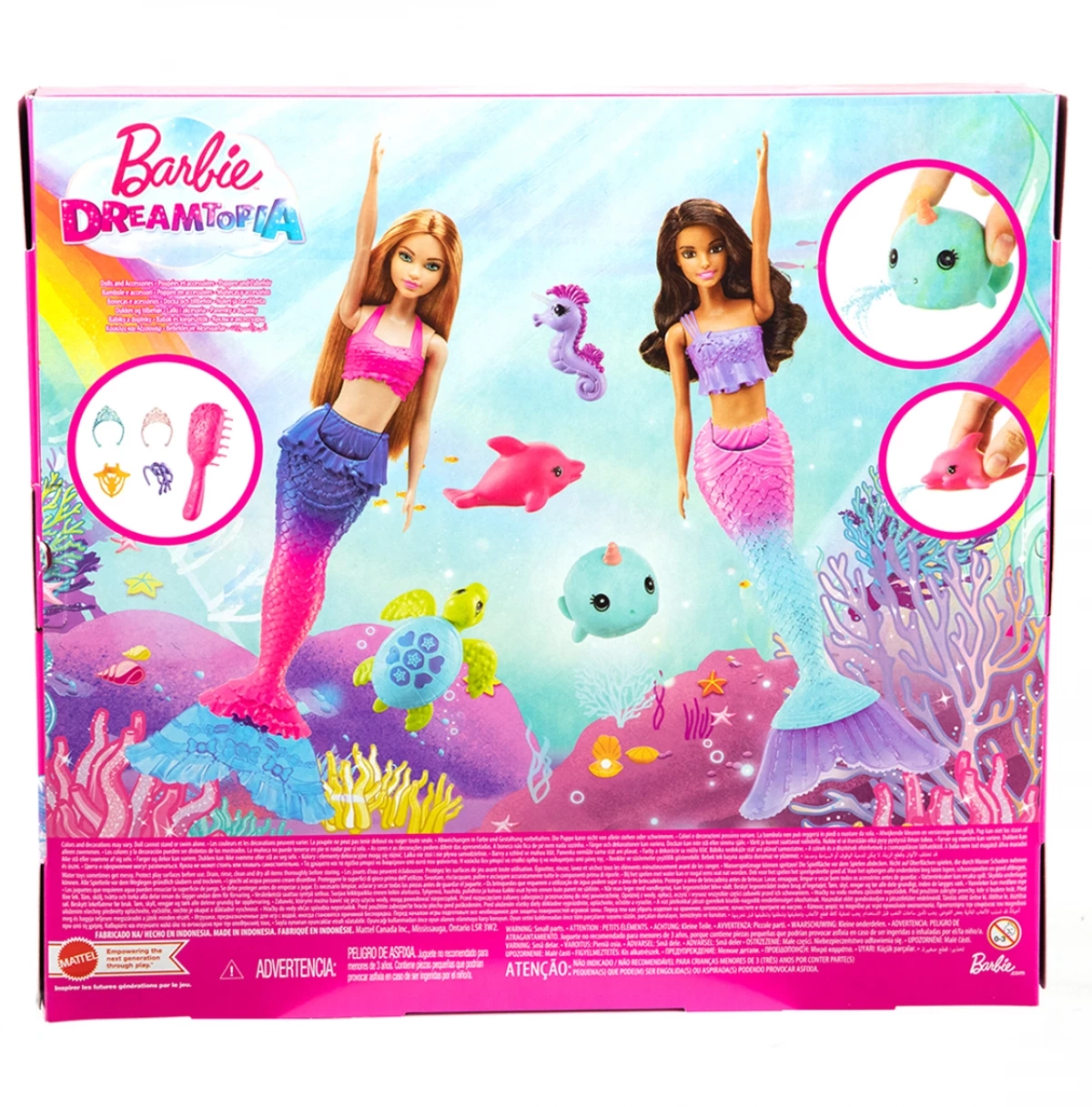 Barbie Mermaid Set with 2 Brunette Dolls, Colorful Mermaid Clothes, 4 Sea Pet Toys, 2 Tiaras, Headband, Necklace & Brush, Kids for 3Y+, Multicolour