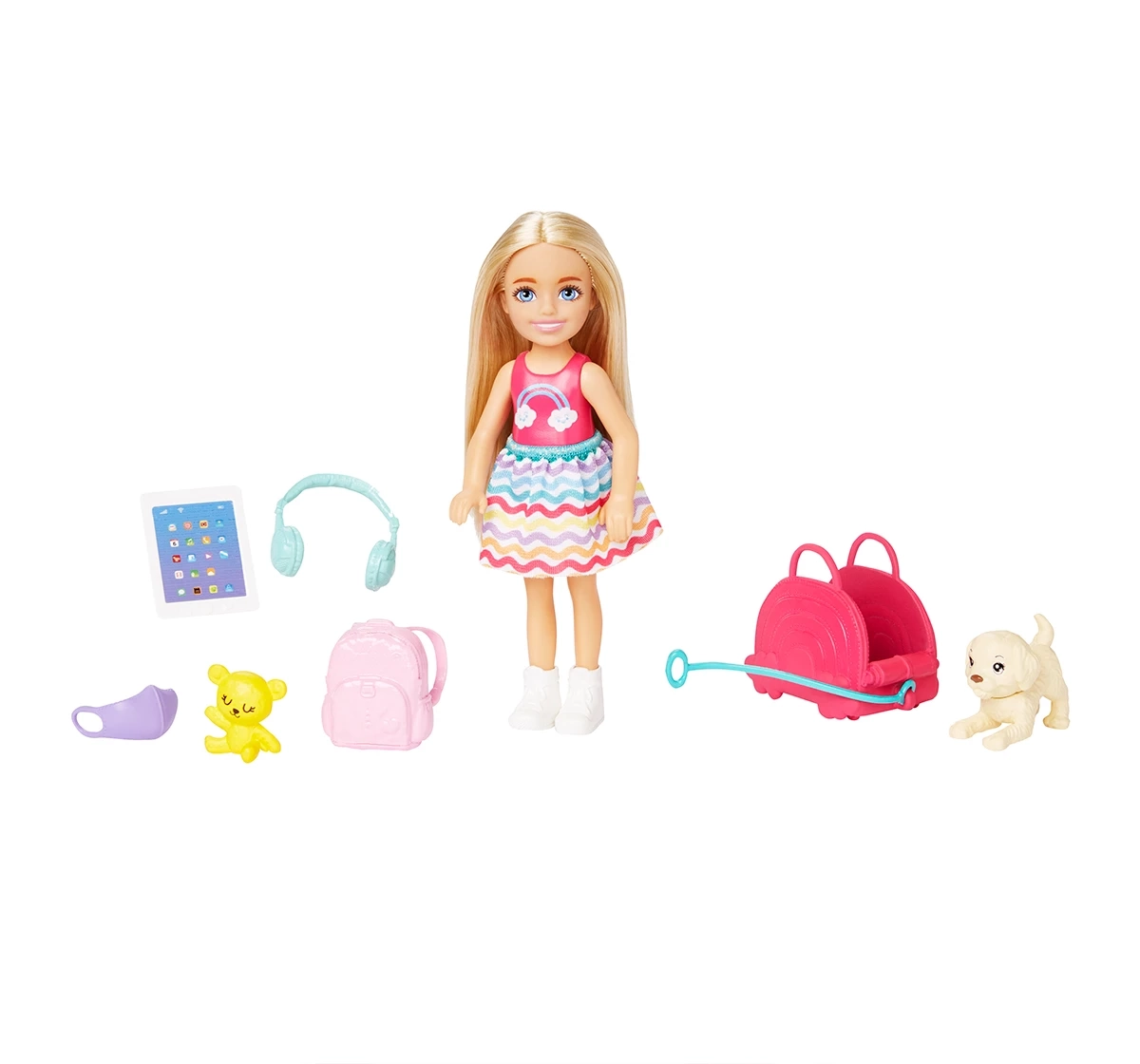 Barbie Toys, Chelsea Doll and Accessories, Travel Set with Puppy and 6 Pieces Including Pet Carrier, Kids for 3Y+, Multicolour