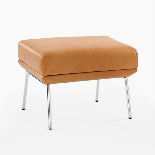 Austin Stationary Ottoman, Ludlow Leather, Sesame, Polished Stainless Steel