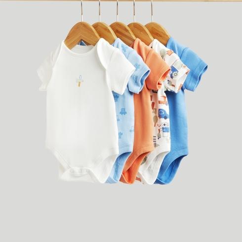 Mothercare Essentials Boys Vehicles Short-Sleeved 100% Cotton Bodysuits-Pack of 5-Light Blue