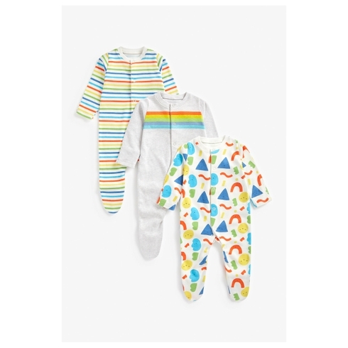 Unisex Full Sleeves Sleepsuit Rainbow Stripes - Pack Of 3 - Multicolor
