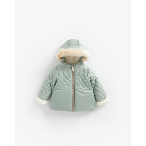 Girls Full Sleeves Quilted Jacket With Hood - Aqua