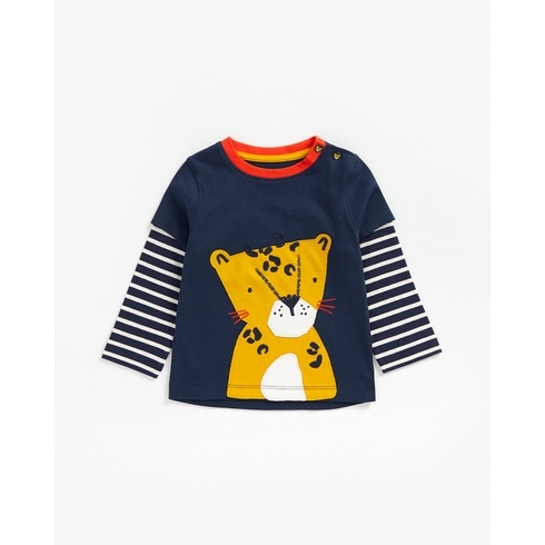 Boys Full Sleeves T-Shirt Leopard Embroidery And Patchwork - Navy