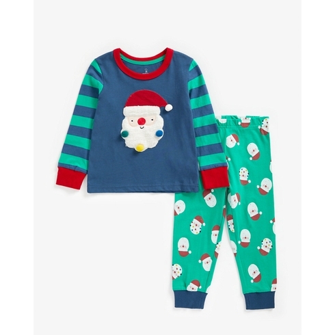 Boys Full Sleeves Pyjama Set Santa Patchwork - Green