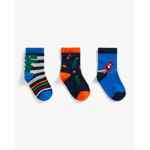 Boys Socks Striped And Rocket Design - Pack Of 3 - Multicolor