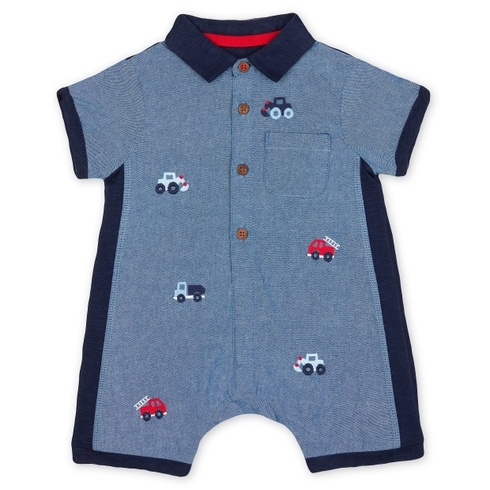 Boys Half Sleeves Romper Vehicle Embroidery - Navy