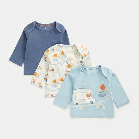 Mothercare Boys Full Sleeves Round Neck Tee -Pack Of 3 -Blue
