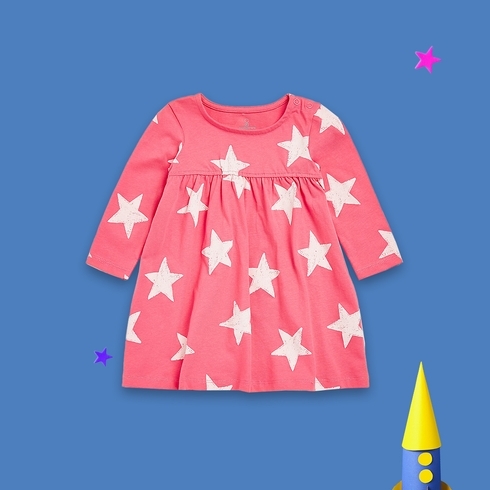 Girls Full Sleeves Dress Star All Over Print-Pink