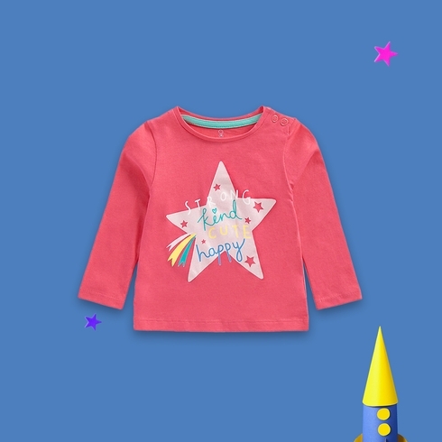 Girls Full Sleeves T Shirts Star Slogan Print-Pink