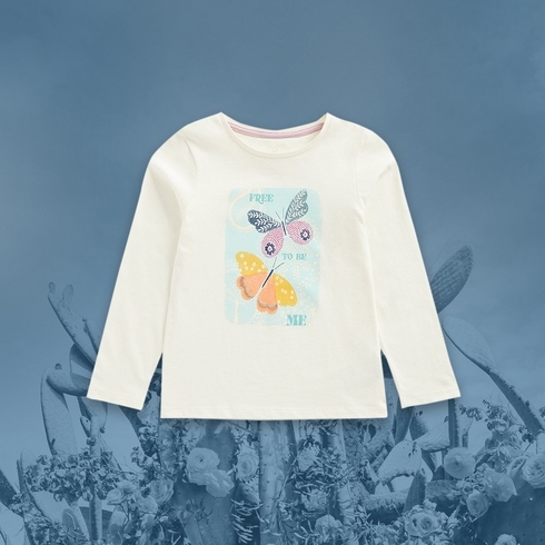 Girls Full Sleeves T-Shirt Butterfly Design-Cream