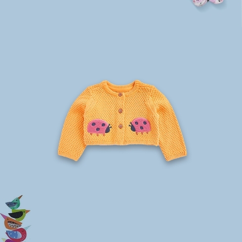Girls Full Sleeves Cardigan Ladybug Crochet-Brown