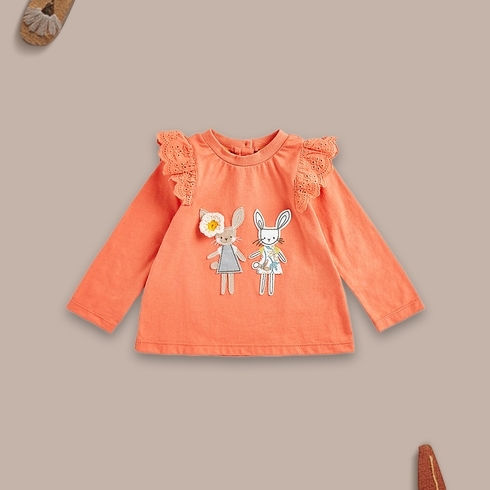 Girls Full Sleeves T-Shirt Frill Details-Orange