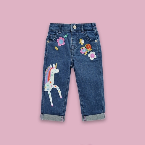 Girls Jeans Unicorn Design-Pack Of 1-Denim