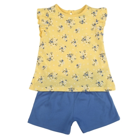 Girls Half Sleeves Floral Print T-Shirt And Shorts Set - Yellow