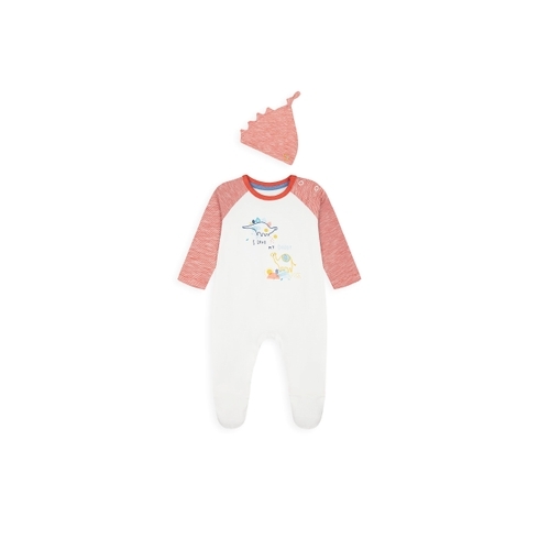 Boys Full Sleeves Romper With Hat Dino Embroidery - White