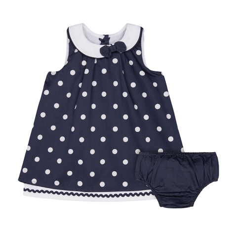 Girls Sleeveless Dress And Knickers Set Bow And Lace Details - Navy
