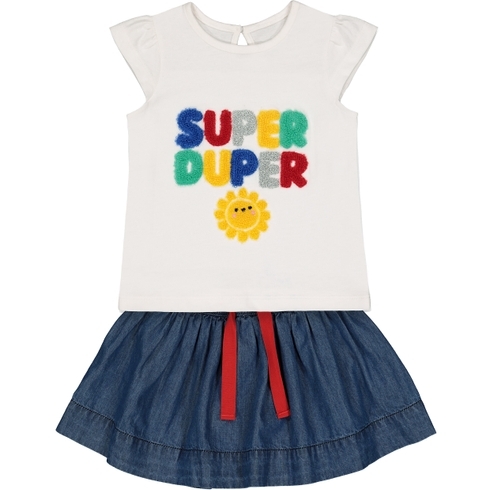 Girls Half Sleeves T-Shirt And Skirt Set Text Patch Work - White Blue