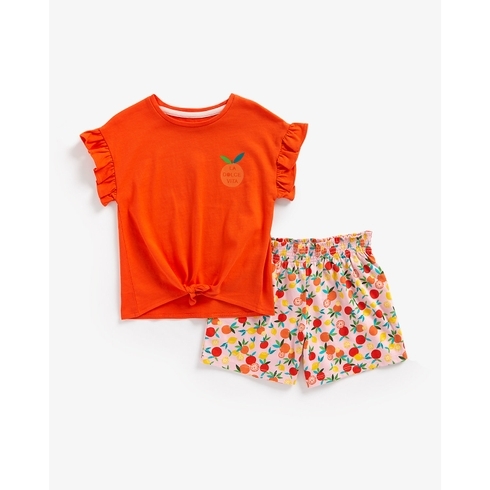 Girls Short Sleeves Shorts and T-Shirt Set Fruit Print-Orange