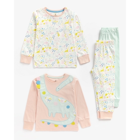 Girls Full Sleeves Pyjamas Dino Printed-Pack Of 2-Multicolor