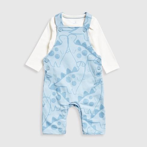 Mothercare Boys Gentle Dinosaur 100% Cotton Dungarees and Bodysuit 2-Piece Set - Blue