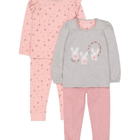 Girls Full Sleeves Pyjamas Bunny Floral Print - Pack Of 2 - Pink Grey