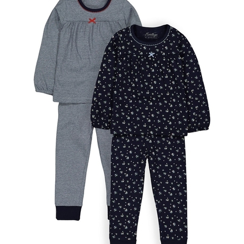 Girls Full Sleeves Pyjamas Floral Print And Stripe - Pack Of 2 - Navy