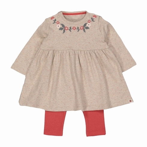 Girls Full Sleeves Embroidered Dress And Legging Set - Multicolor