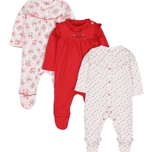 Girls Full Sleeves Sleepsuit Berry Print And Embroidery - Pack Of 3 - Red White