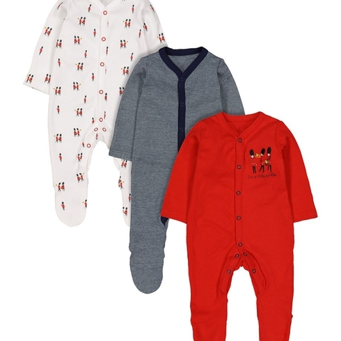 Boys Full Sleeves Sleepsuit Soldier Print And Embroidery - Pack Of 3 - Red White Grey