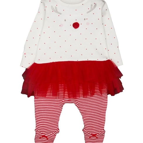 Girls Full Sleeves Tutu Sleepsuit Reindeer Glitter Print - Red White