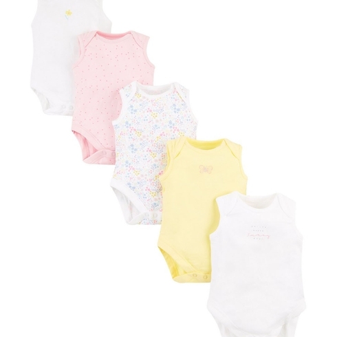 Girls Sleeveless Bodysuit Floral Print - Pack Of 5 - Yellow Pink White