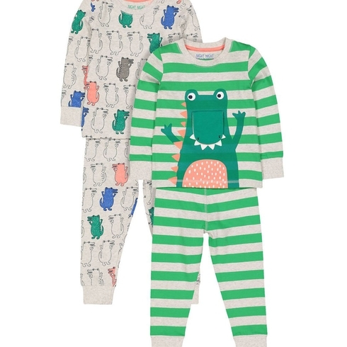 Boys Full Sleeves Pyjamas Crocodile Print And Stripe - Pack Of 2 - Green