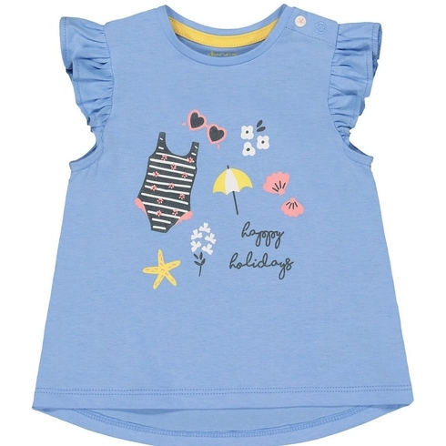 Girls Sleeveless T-Shirt Floral Print & Frill - Blue