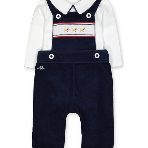 Boys Full Sleeves Embroidered Cord Dungaree Set - Navy